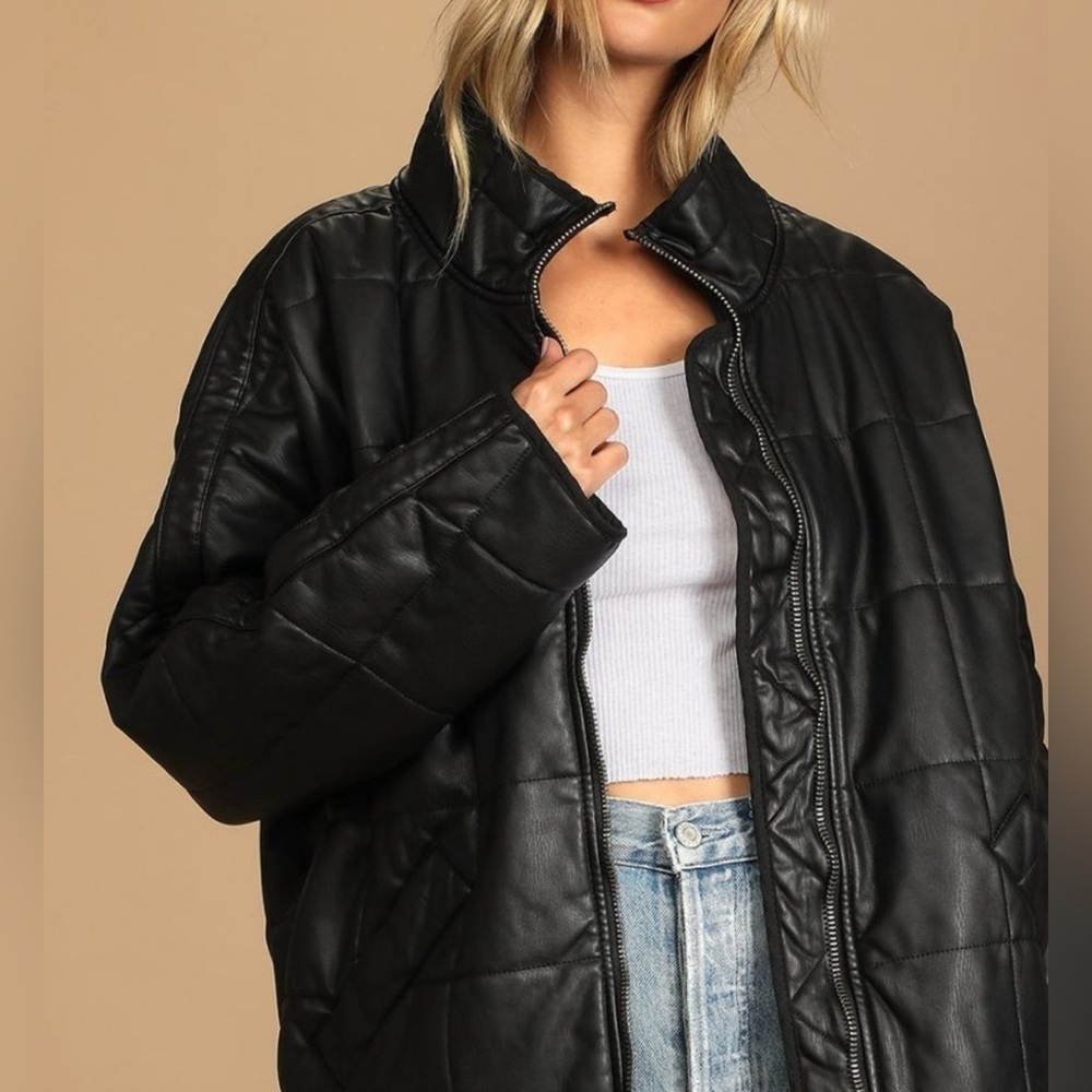 LIKE NEW! Free People Dolman Quilted Vegan Leather Jacket Black Womens Size L - Picture 2 of 9